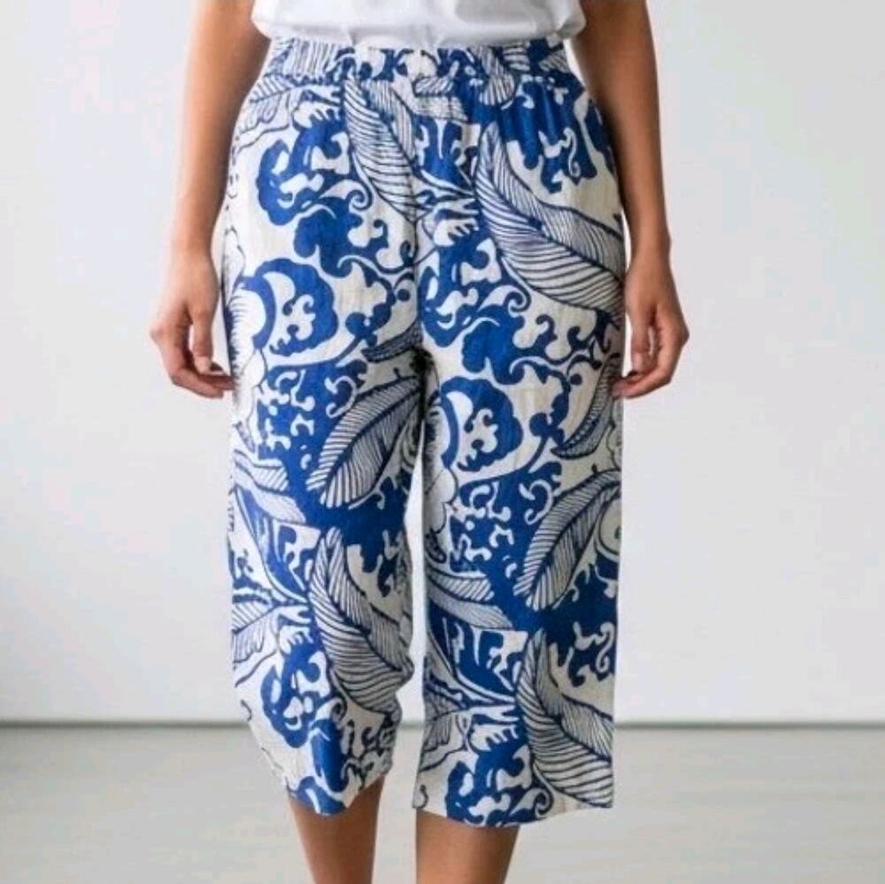 Haute Hippie Blue White Floral Linen Blend Wide-Leg Crop Pants Size Medium NWOT